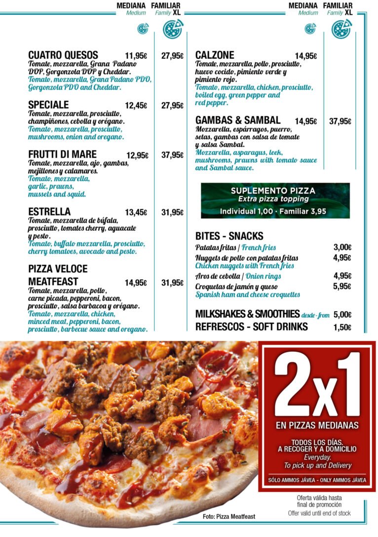 Tipos de pizzas con oferta 2x1 en medianas en Jávea - Restaurante Ammos