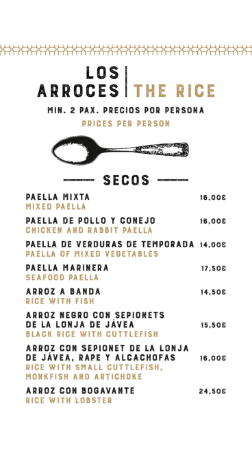 Arroces en la carta de La Perla de Jávea