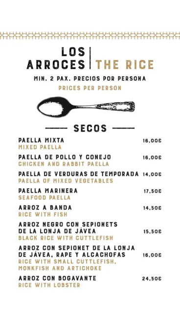 Arroces en la carta de La Perla de Jávea