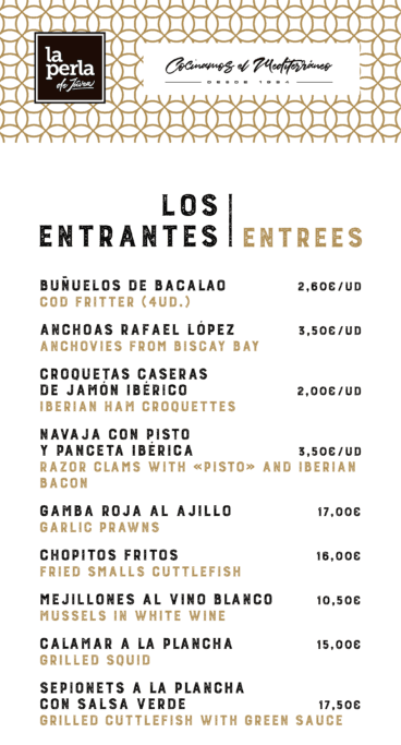 Entrantes en la carta de La Perla de Jávea