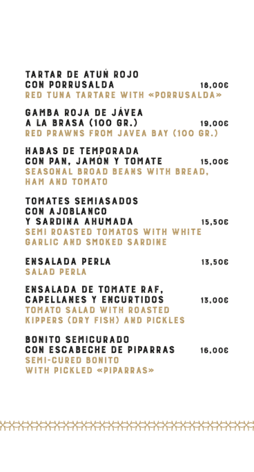 Entrantes de la carta de La Perla de Jávea