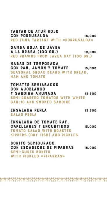 Entrantes de la carta de La Perla de Jávea