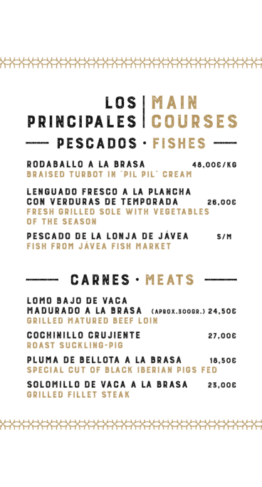 Platos principales en la carta de La Perla de Jávea