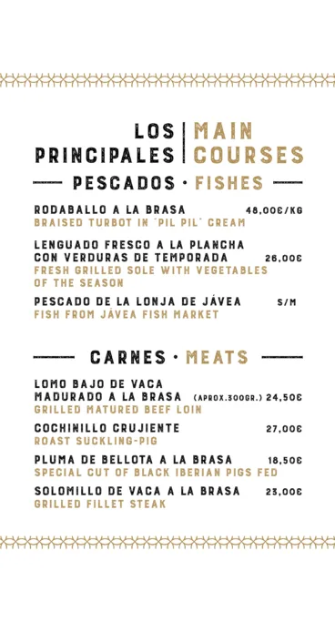 Platos principales en la carta de La Perla de Jávea
