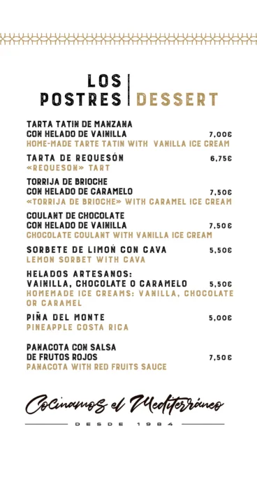 Postres en la carta de La Perla de Jávea
