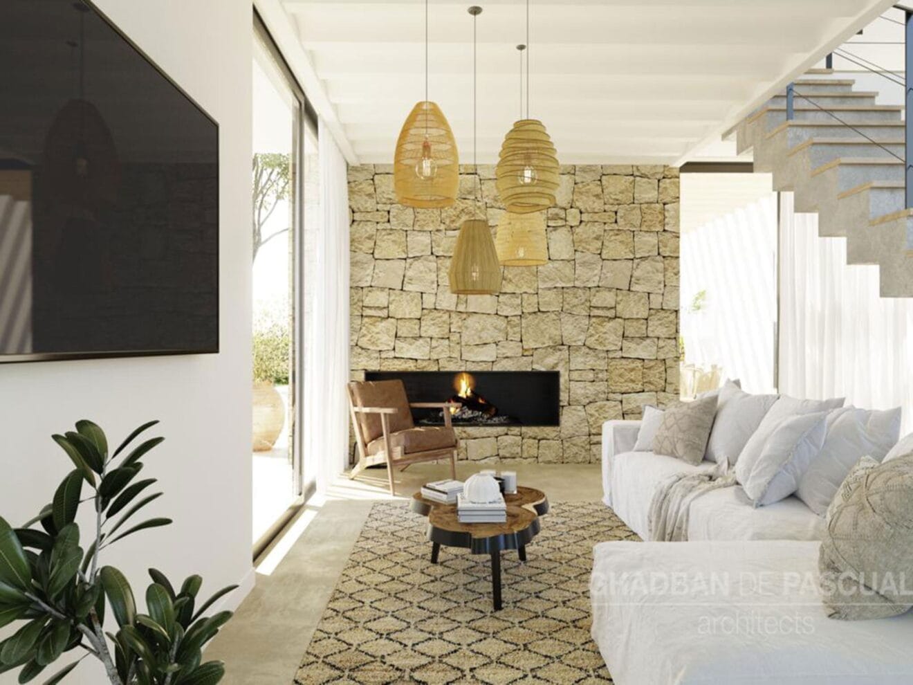 Salón del proyecto de una villa ibicenca en Jávea - Atina Inmobiliaria