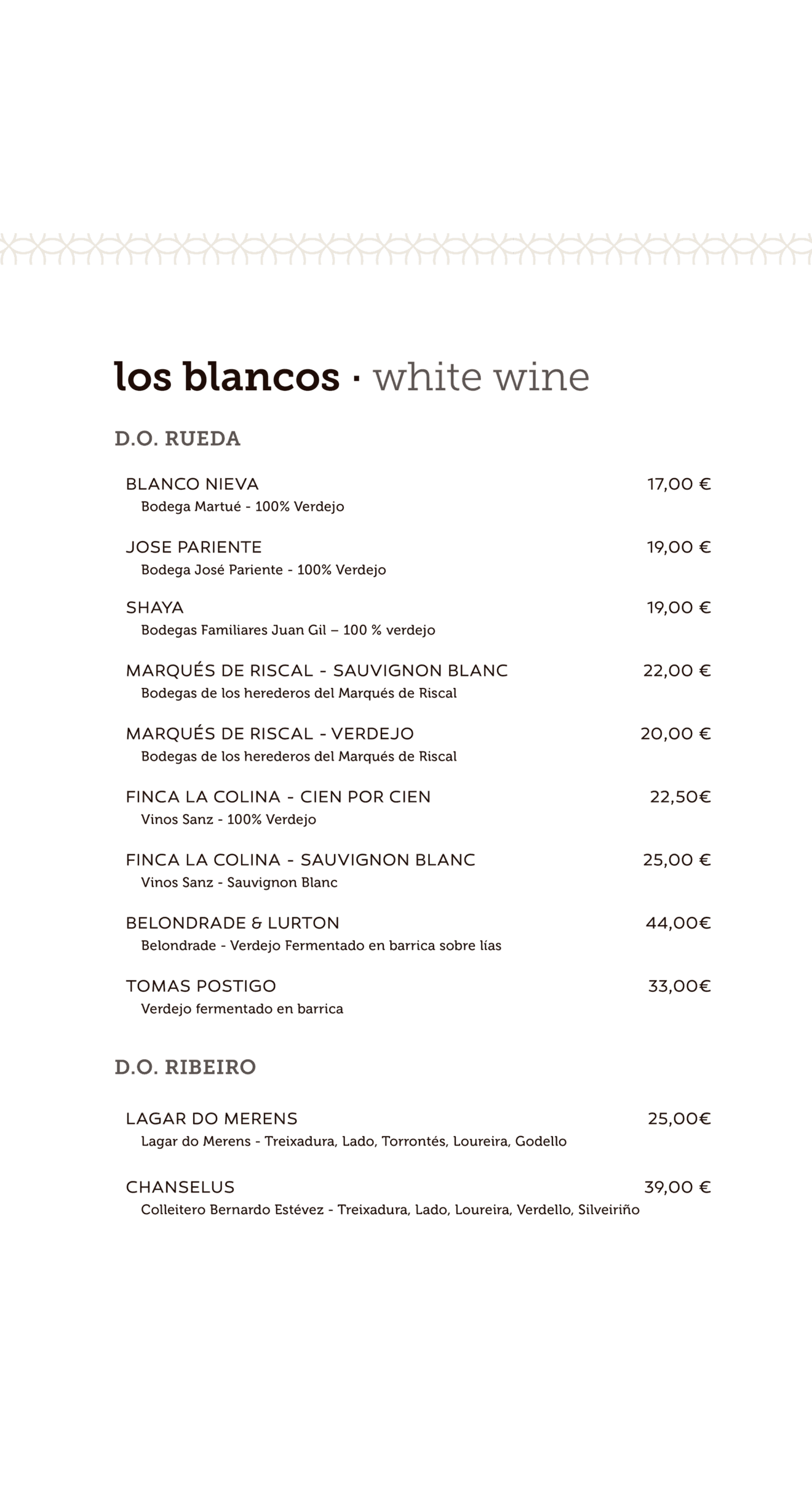 Vinos blancos en la carta de La Perla de Jávea