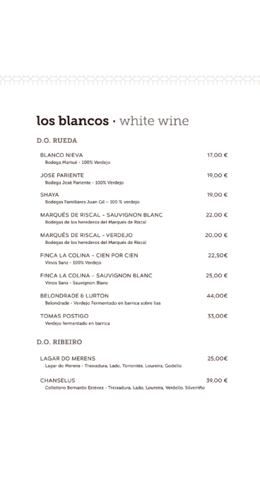 Vinos blancos en la carta de La Perla de Jávea