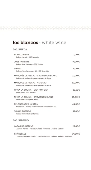 Vinos blancos en la carta de La Perla de Jávea
