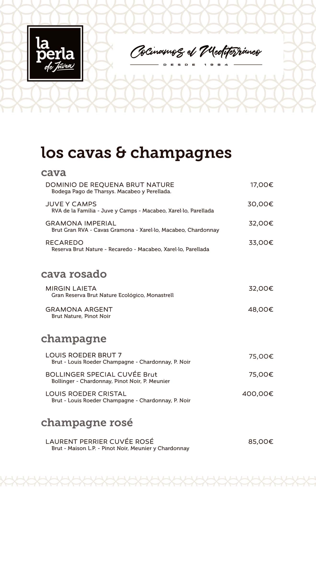 Vinos y champagnes en la carta de La Perla de Jávea