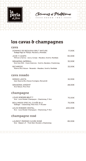 Vinos y champagnes en la carta de La Perla de Jávea