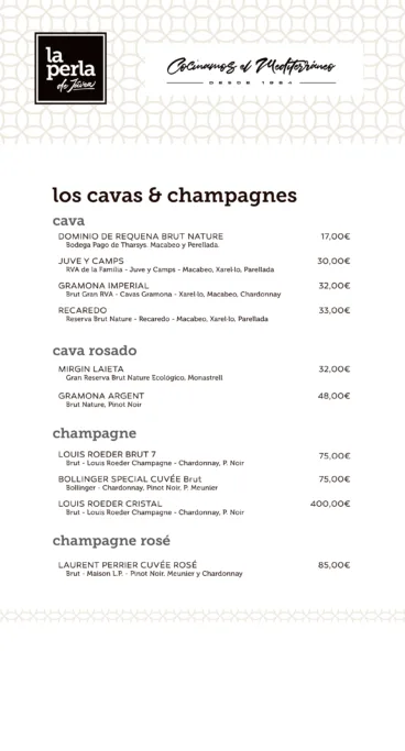 Vinos y champagnes en la carta de La Perla de Jávea