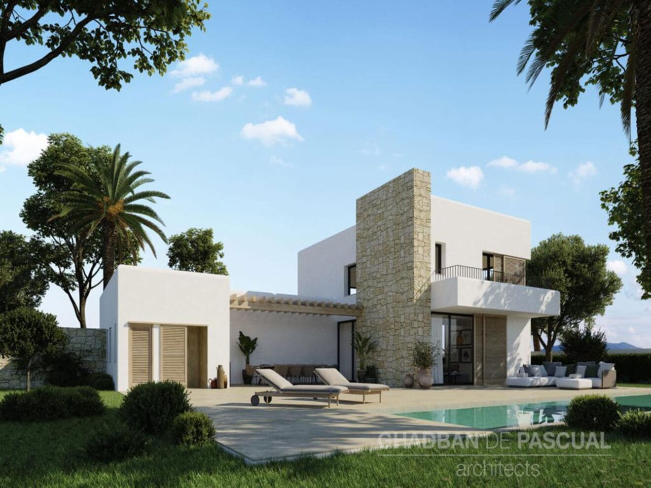 Vista general del proyecto de una villa ibicenca en Jávea - Atina Inmobiliaria