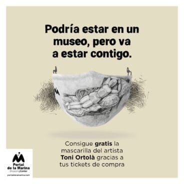 Mascarilla de Toni Ortolà, creada por el artista «ratlla a ratlla» para Portal de la Marina