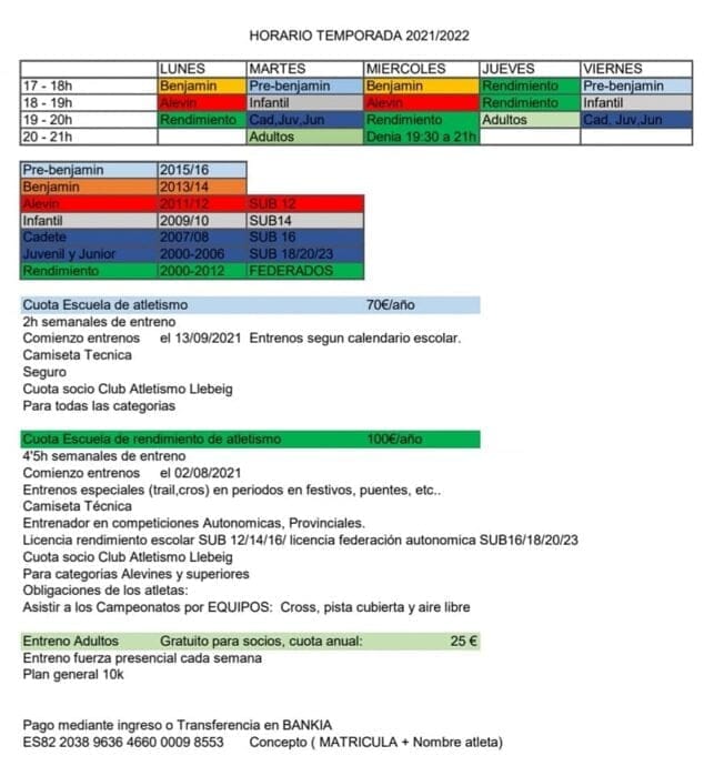 Imagen: Calendario de entrenamiento de la Escuela de Atletismo Llebeig