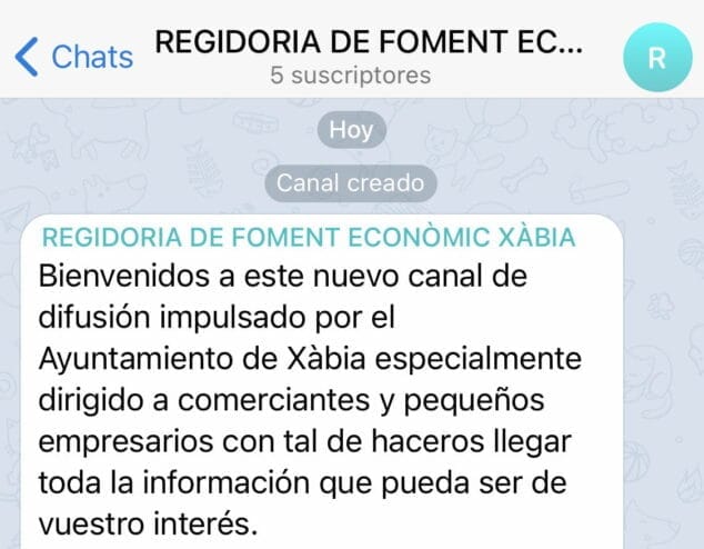 Imagen: Canal de Telegram para comerciantes y empresarios de Xàbia