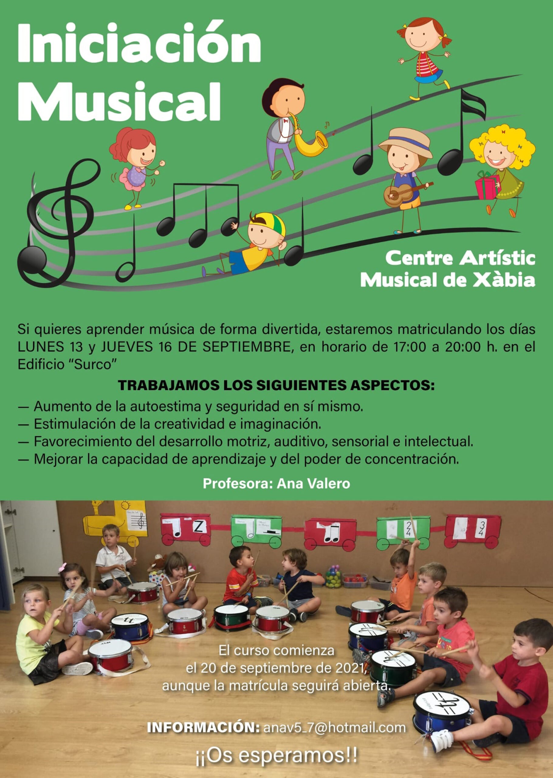 Cartel informativo nuevo curso 2021-22 Iniciación Musical en el Centra Artístic Musical de Xàbia