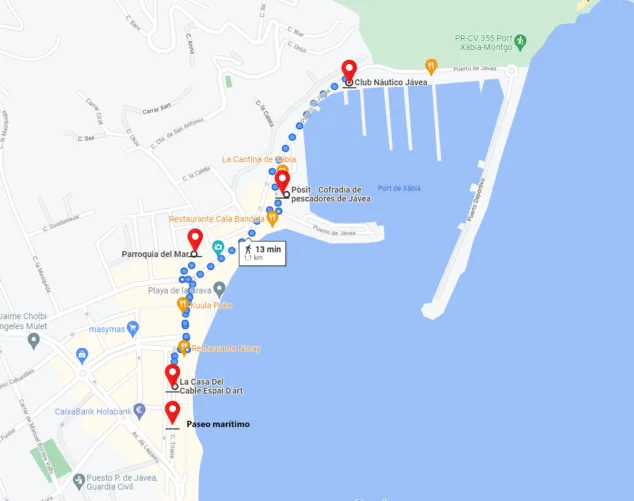 Imagen: Mapa del recorrido de visita de Duanes de la Mar o puerto de Xàbia