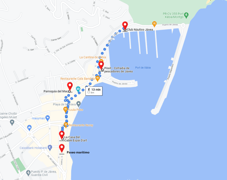 Mapa del recorrido de visita de Duanes de la Mar o puerto de Xàbia