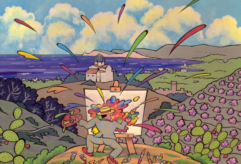 El pintor Coqui lucha por plasmar en el lienzo los colores de la bahía. Foto AMX