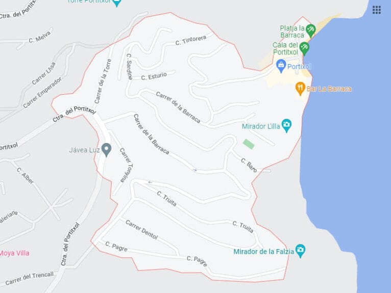 La línea roja marca la zona de la Urbanización Mar Azul
