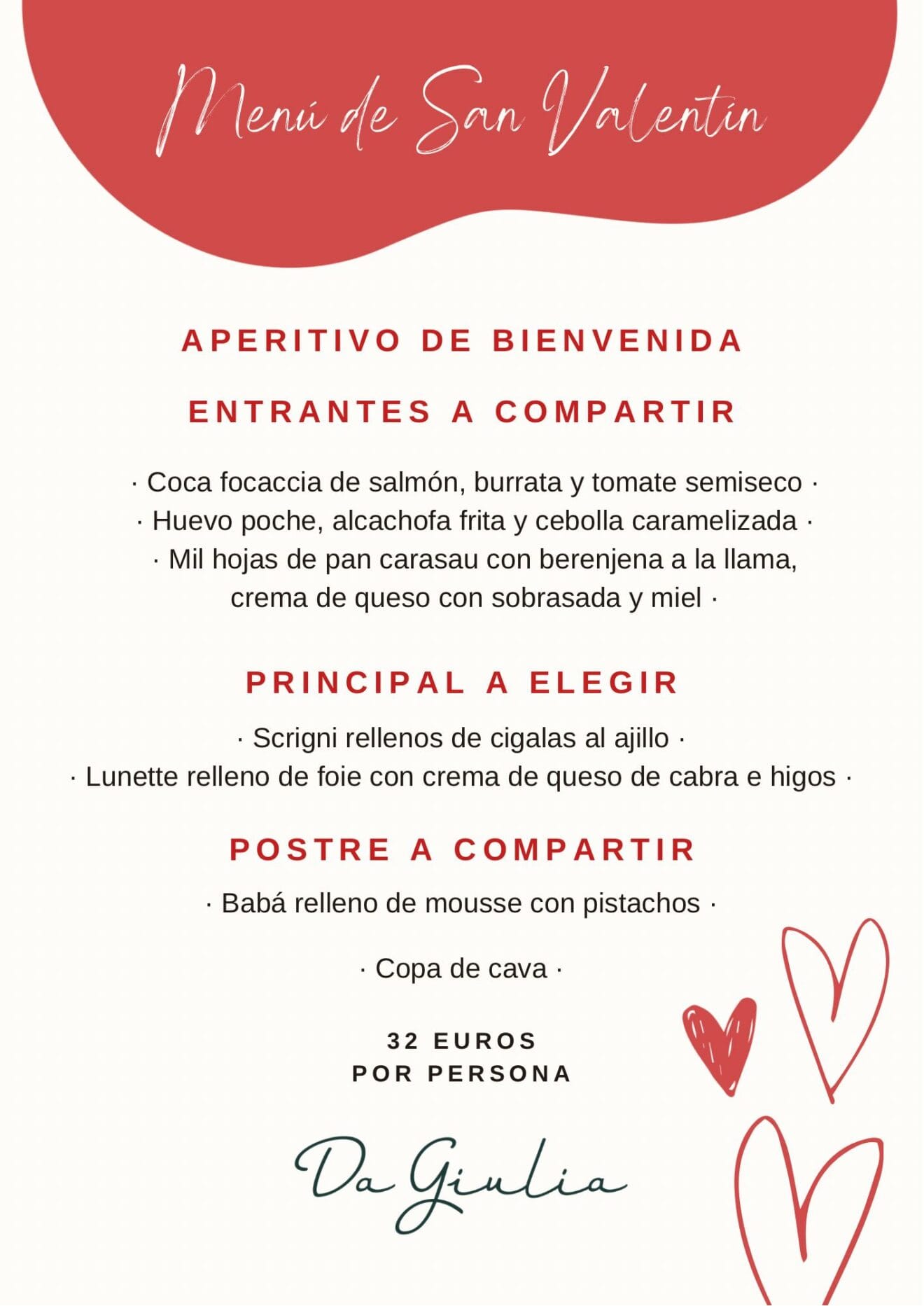 Menú de San Valentín del Restaurante Giulia