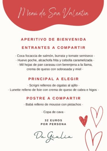 Menú de San Valentín del Restaurante Giulia