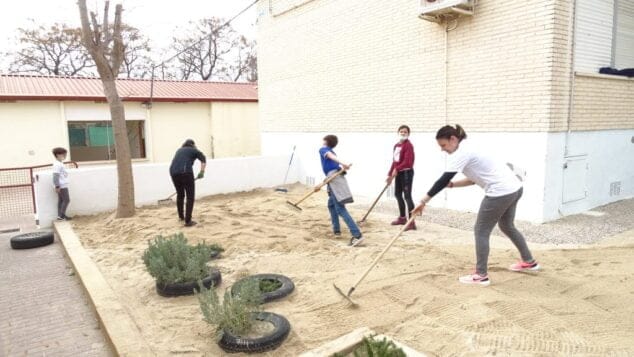 Imagen: Acondicionando el arenero del patio de infantil