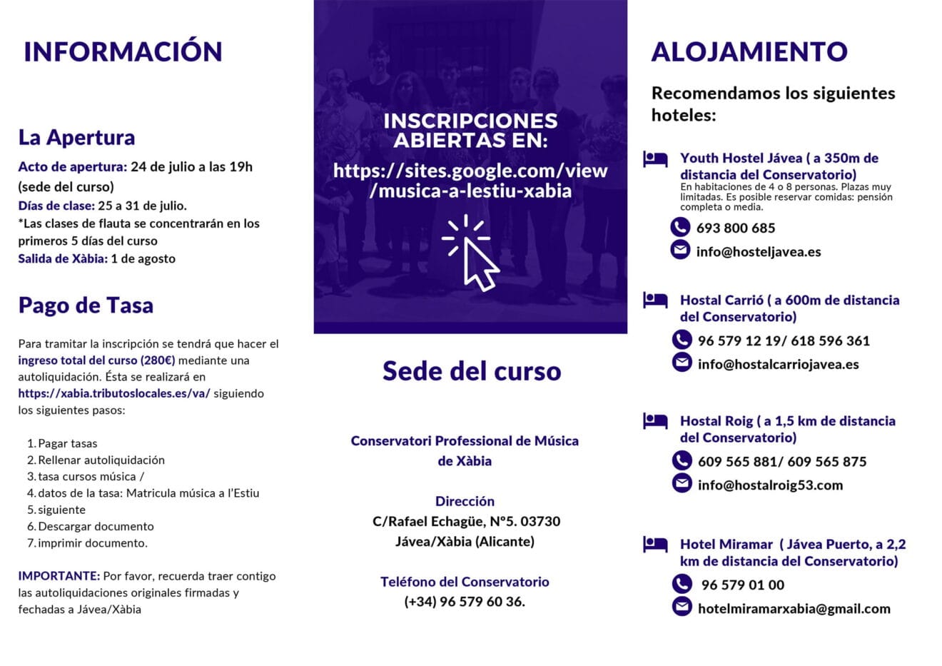 Información sobre el curso 'Música a l'Estiu' en Xàbia