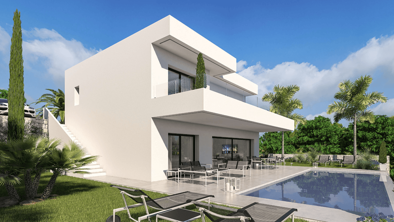 Fachada de la vivienda con piscina y jardín mediterráneo