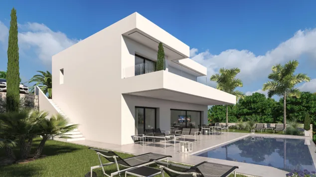 Imagen: Fachada de la vivienda con piscina y jardín mediterráneo
