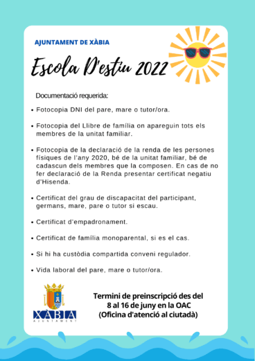 Poster escoleta estiu 2022 Xàbia