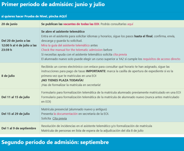 Calendario de admisión y matrícula curso 2022-2023 de la EOI