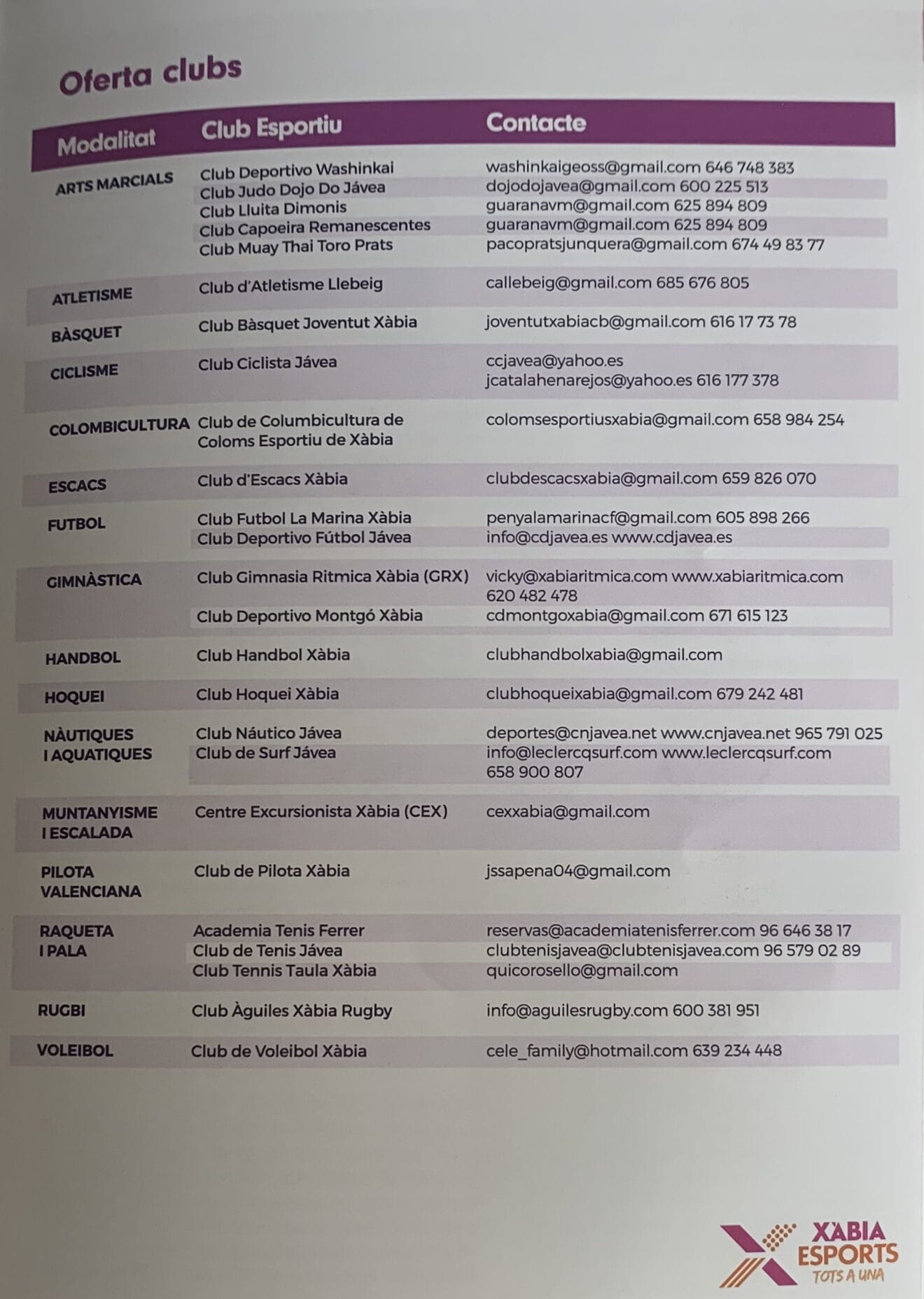 Oferta deportiva de Clubs Xàbia