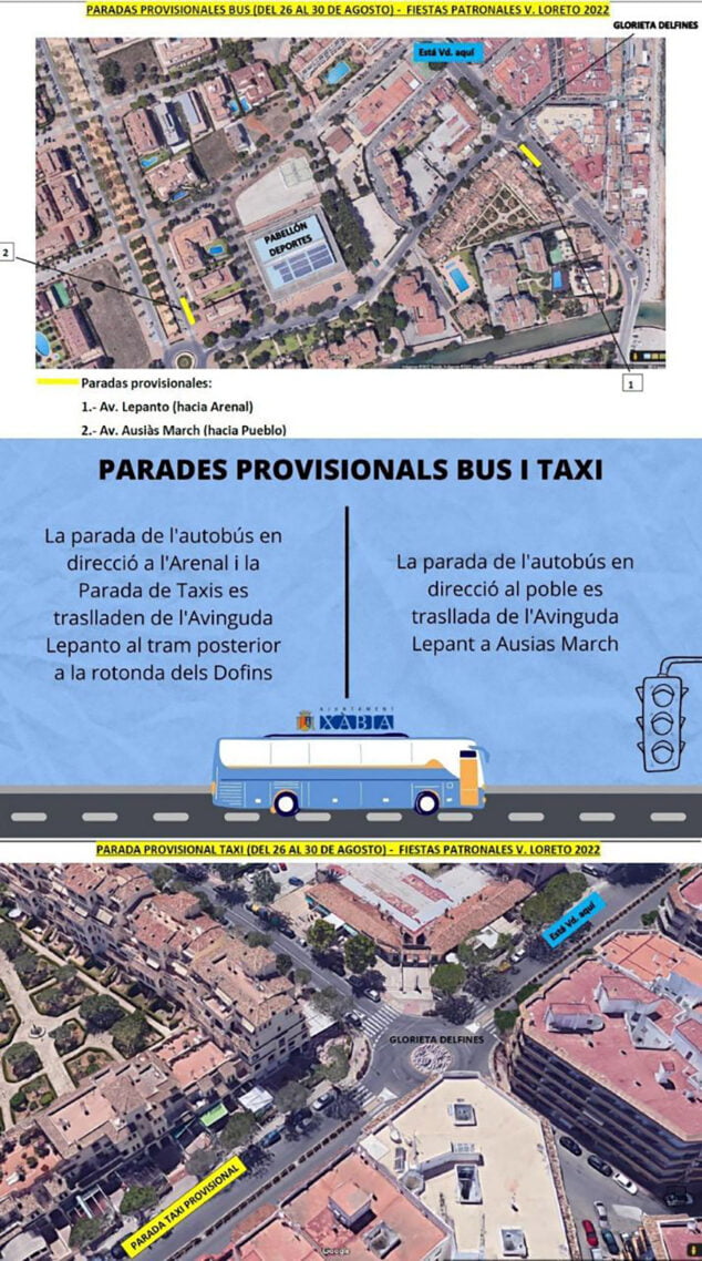 Imagen: Paradas de autobús y taxi provisionales durante las fiestas del Loreto de Xàbia 2022
