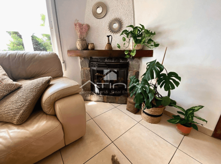 El salón cuenta con una chimenea acristalada