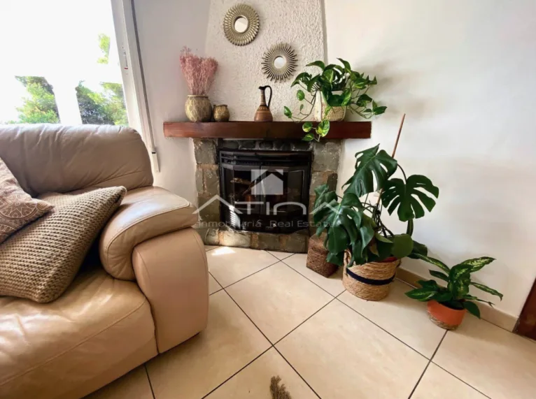 El salón cuenta con una chimenea acristalada