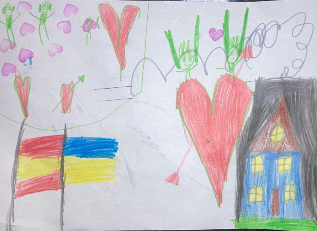 Imagen: Dibujo del hijo de Kateryna que representa la bandera ucraniana y española unidas