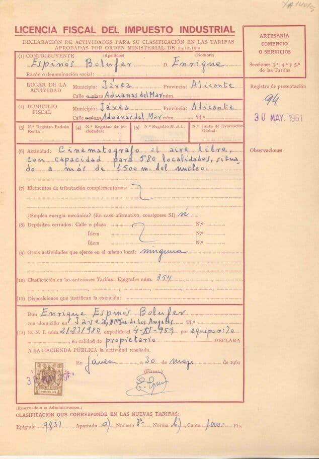 Imagen: Licencia del Cine Terraza Espinós de 1961