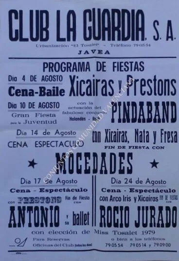 Cartel de actuaciones en el Club La Guardia Xàbia