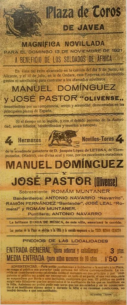 Cartel de una sesión taurina en la Plaza de Toros de Xàbia en 1921 | Foto Josep Sapena
