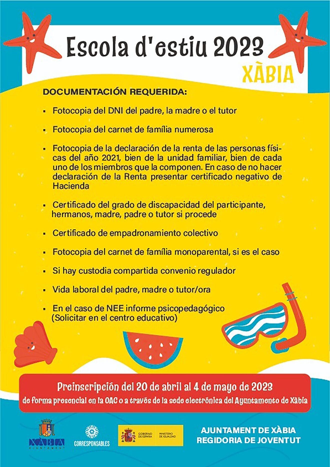 Documentación requerida para l'Escola d'estiu 2023 de Xàbia