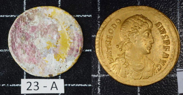 Imagen: Antes y después de la restauración de una de las monedas romanas del Tesoro del Portitxol