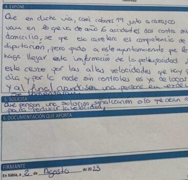 Instancia presentada por el vecino afectado