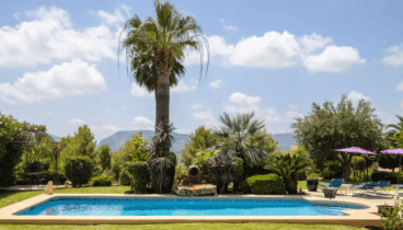 Piscina rodeada de jardines