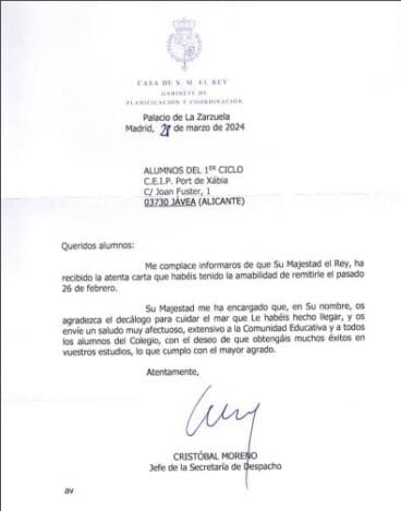 Carta emitida por la Casa Real en respuesta al CEIP Port de Xàbia