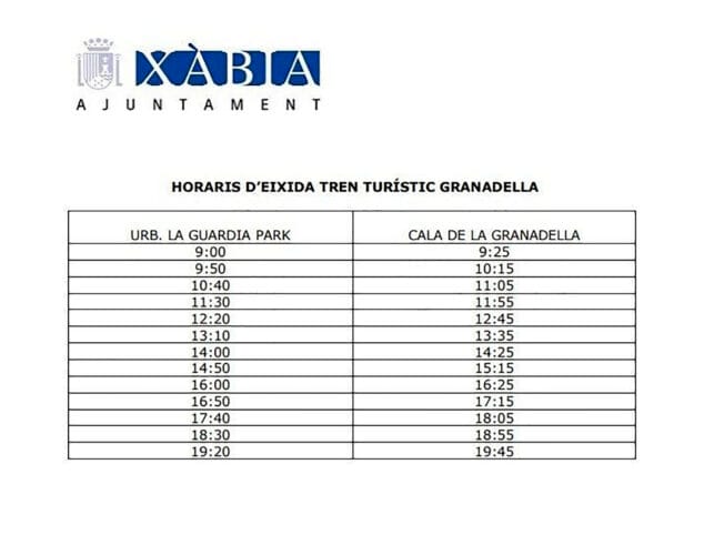 Imagen: Horarios del tren turístico Granadella de Xàbia este 2024