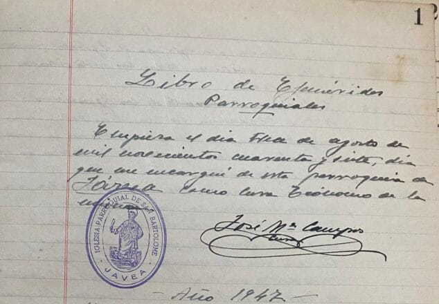 Imagen: Imagen de la primera hoja del Libro de Efemérides Parroquiales Foto Archivo Particular