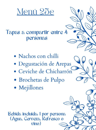 Este menú de Munay Tapas Bar te ofrece diversas tapas para compartir