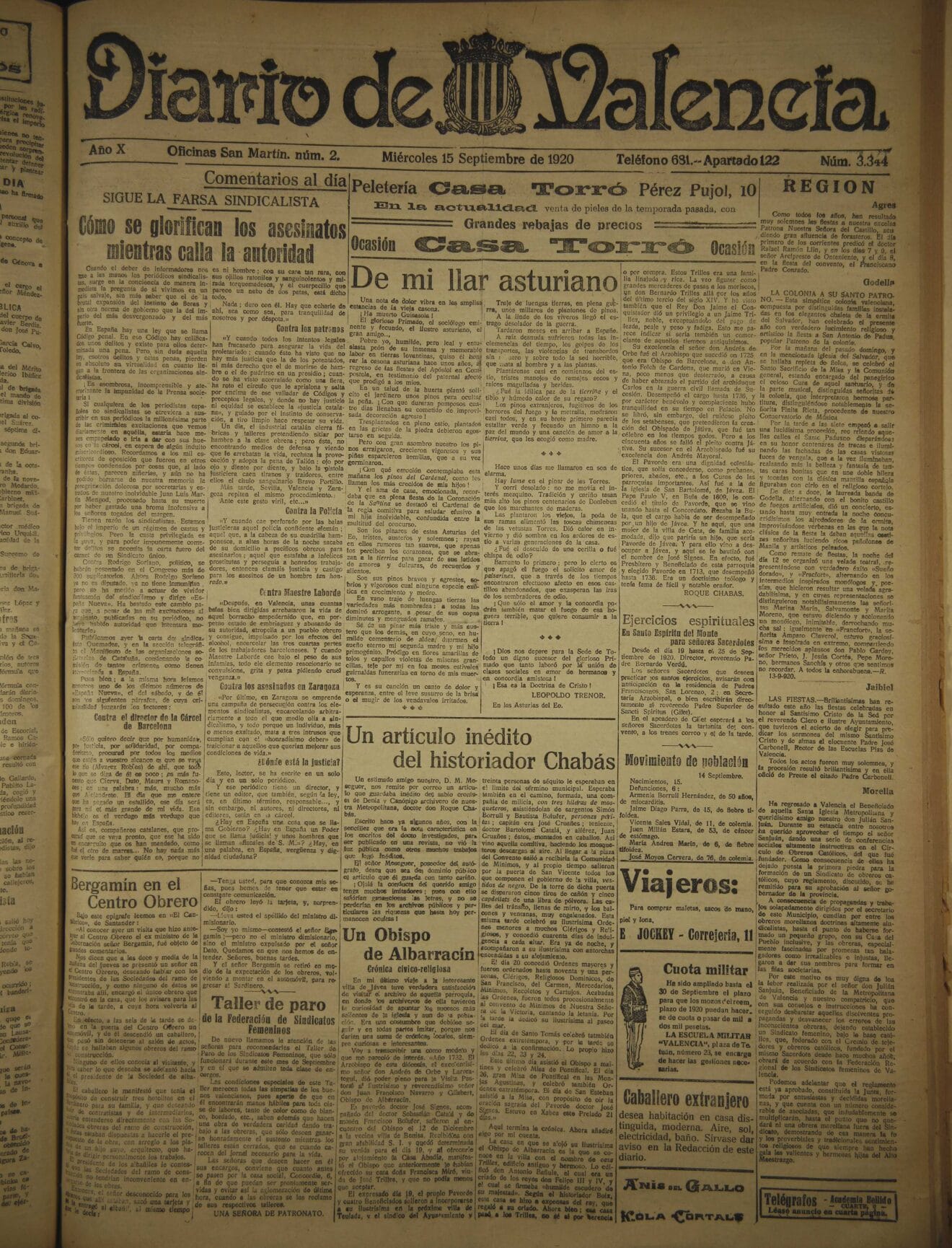 Ejemplar del Diario de Valencia. 15 de septiembre de 1920. Ministerio de Cultura.